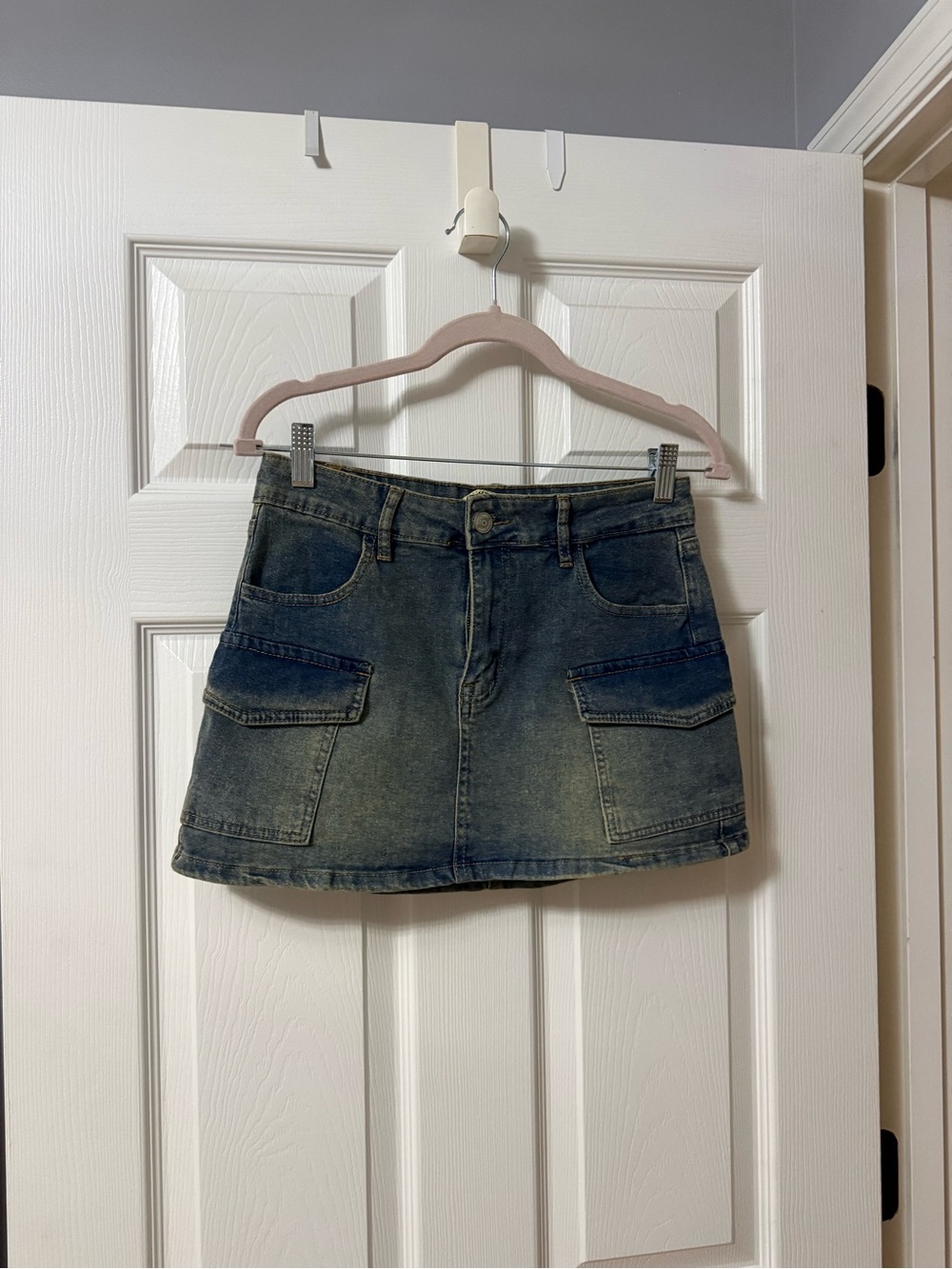 Washed Denim Cargo Mini Skirt - Blue